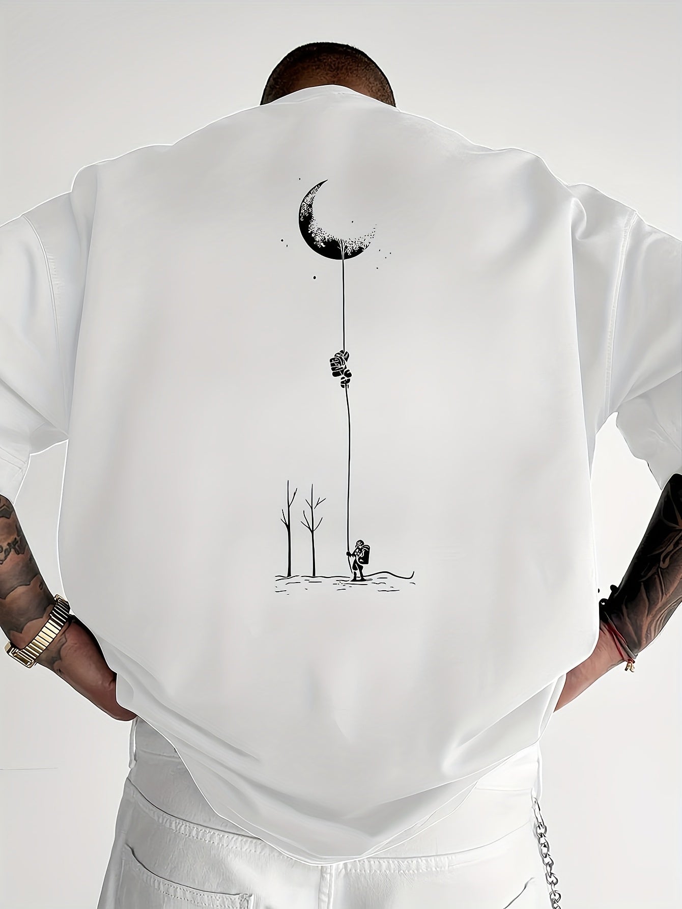 Men's Graphic Print Short Sleeve T-Shirt - Black Relaxed Fit Casual Round Neck, Durable Polyester Fabric, Machine Washable Summer Outdoor Top, Moon And Trees Design | Lightweight Clothing