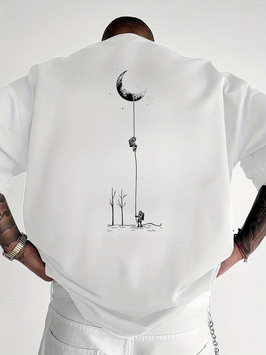 Men's Graphic Print Short Sleeve T-Shirt - Black Relaxed Fit Casual Round Neck, Durable Polyester Fabric, Machine Washable Summer Outdoor Top, Moon And Trees Design | Lightweight Clothing