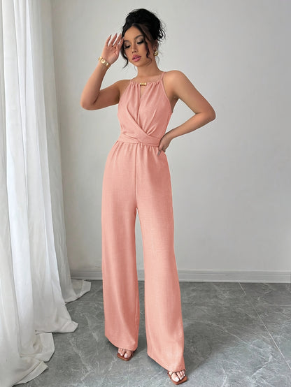 Women'S Elegant Off-Shoulder Twist Front Jumpsuit - Beige Wide-Leg Jumpsuit with Adjustable Waist Tie, Perfect for Spring & Summer Casual or Dressy Outfits, Casual Chic Wear | Offshoulder Fashion | Polyester Fabric