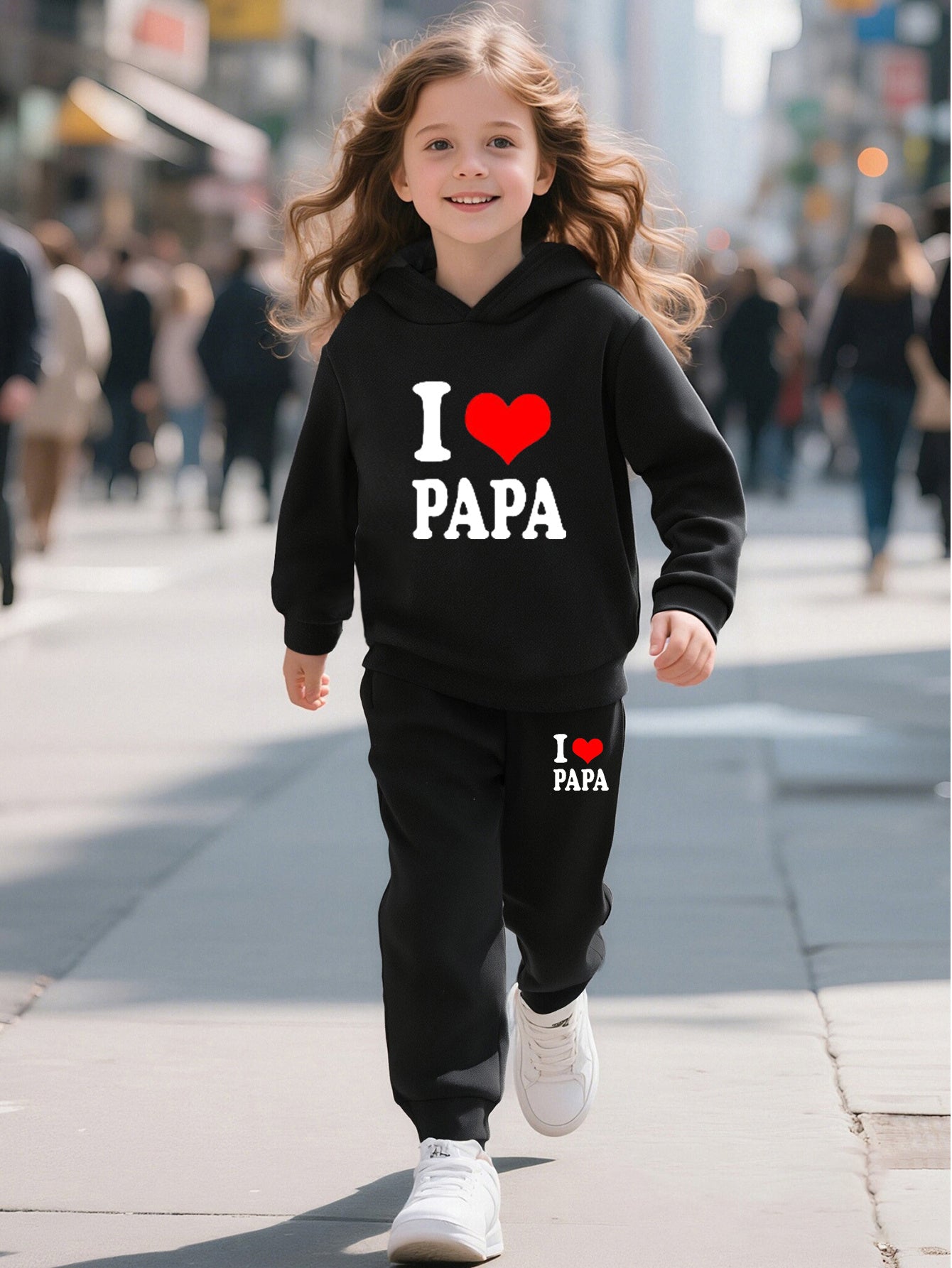 2pcs Back-to-School Season Fashionable Autumn/Winter Casual Sporty Style Girls' "I Love Dad" Cartoon Print Long Sleeve Fleece-Lined Hoodie + Sweatpants Set, Perfect for Outdoor