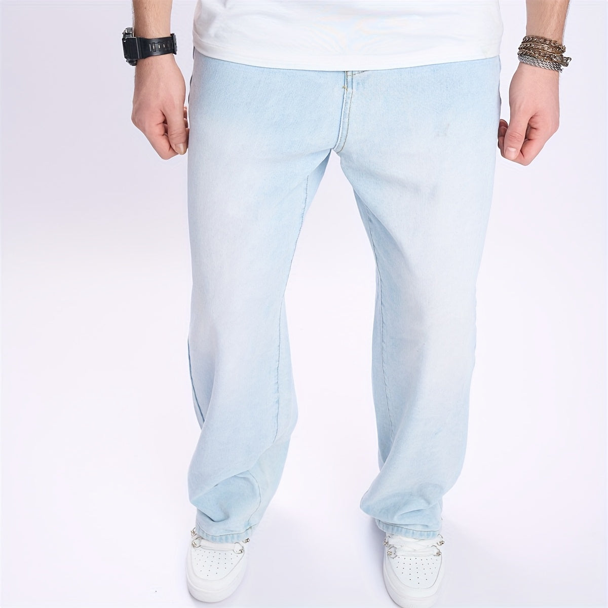 Men'S High-Street Casual Straight-Leg Jeans - Light Blue, Loose Fit, Non-Stretch Denim, Raw Wash, All-Season Comfort, Perfect for Casual Attire, Comfortable Clothing | Relaxed Fit Jeans | Nonstretch Fabric