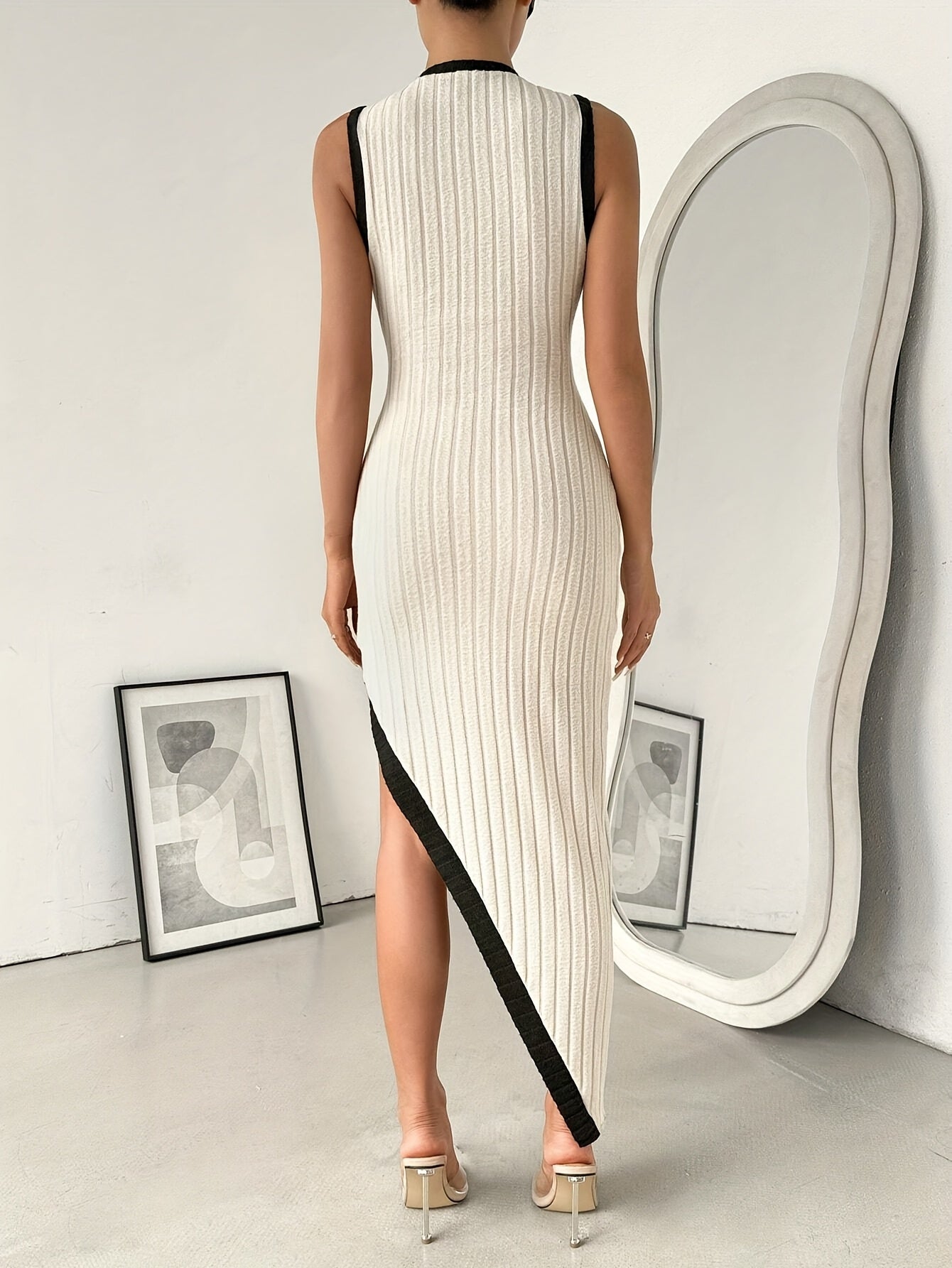 Women's Elegant Color-Block Bodycon Dress - Long Sleeve Round Neck Knee-Length Machine Washable Solid Color with Contrast Accents for Spring Summer Fall Casual & Formal Wear, Cute Bodycon Dress