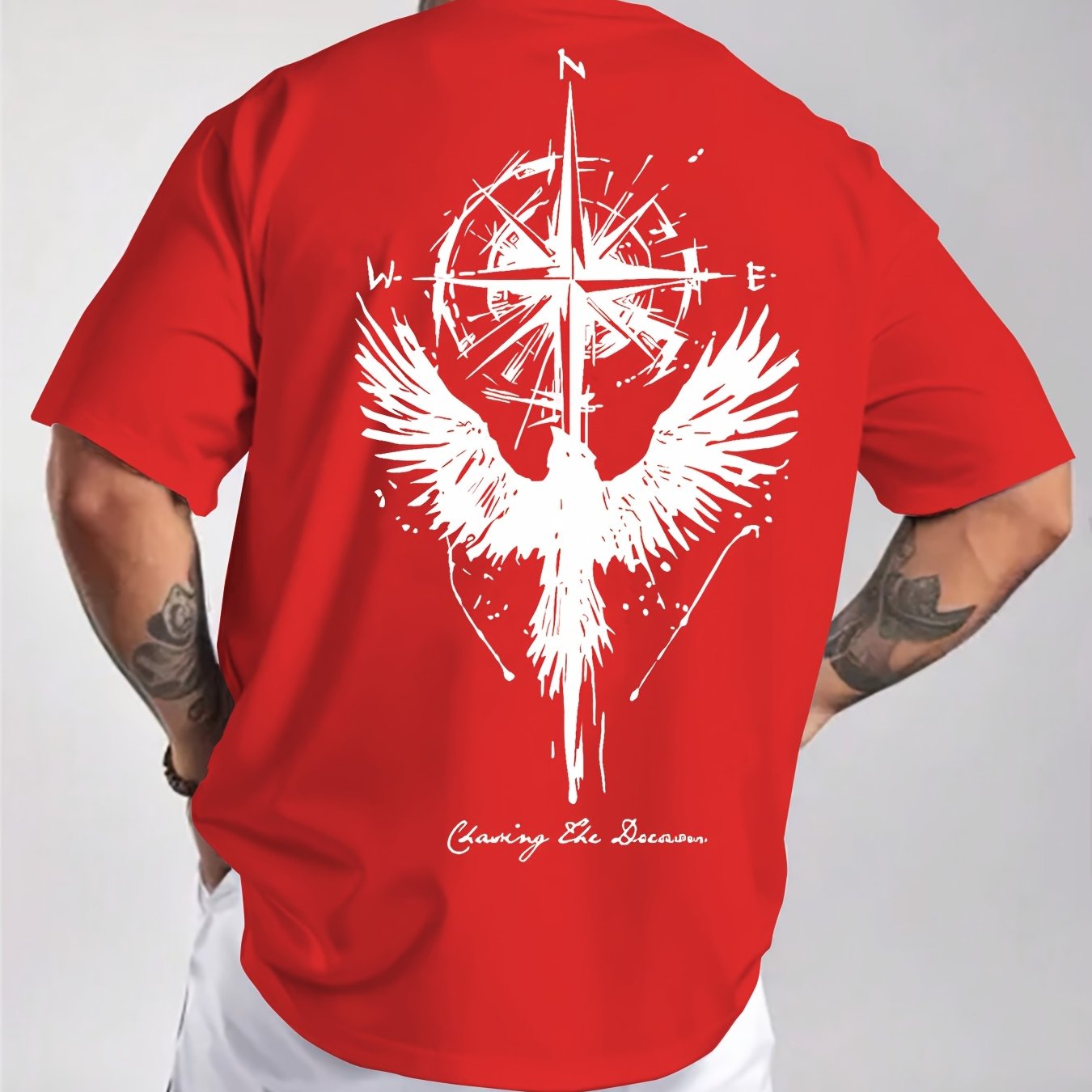 Men'S Summer Short Sleeve T-Shirt with Bold Eagle & Compass Print - Light Blue Casual Round Neck Tee, Comfortable Stretch Fabric for Casual Attire, Everyday Tshirt | Bold Graphic Tee | Comfortable Fit