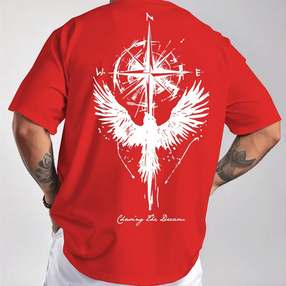 Men'S Summer Short Sleeve T-Shirt with Bold Eagle & Compass Print - Light Blue Casual Round Neck Tee, Comfortable Stretch Fabric for Casual Attire, Everyday Tshirt | Bold Graphic Tee | Comfortable Fit