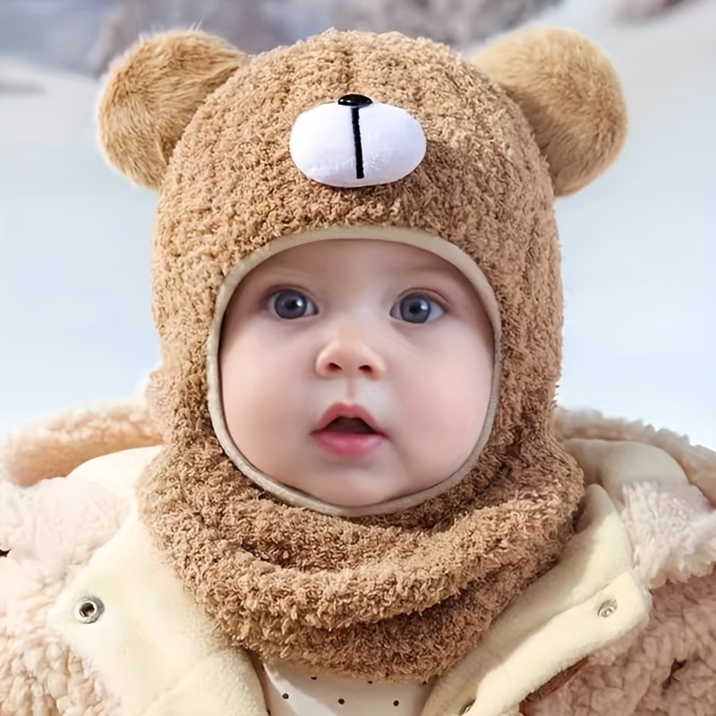 1pc Kids Bear Plush Winter Hat - Thickened Warm Fleece-Lined Bear Ear Flaps, Stretchy Unisex Winter Cap for Boys & Girls, 1-3 Years, Khaki, Perfect for Outdoor Activities, Thanksgiving & Daily Wear, Winter Hat for Kids, Playf