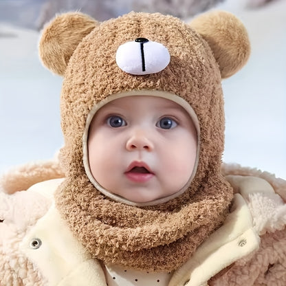 1pc Kids Bear Plush Winter Hat - Thickened Warm Fleece-Lined Bear Ear Flaps, Stretchy Unisex Winter Cap for Boys & Girls, 1-3 Years, Khaki, Perfect for Outdoor Activities, Thanksgiving & Daily Wear, Winter Hat for Kids, Playf