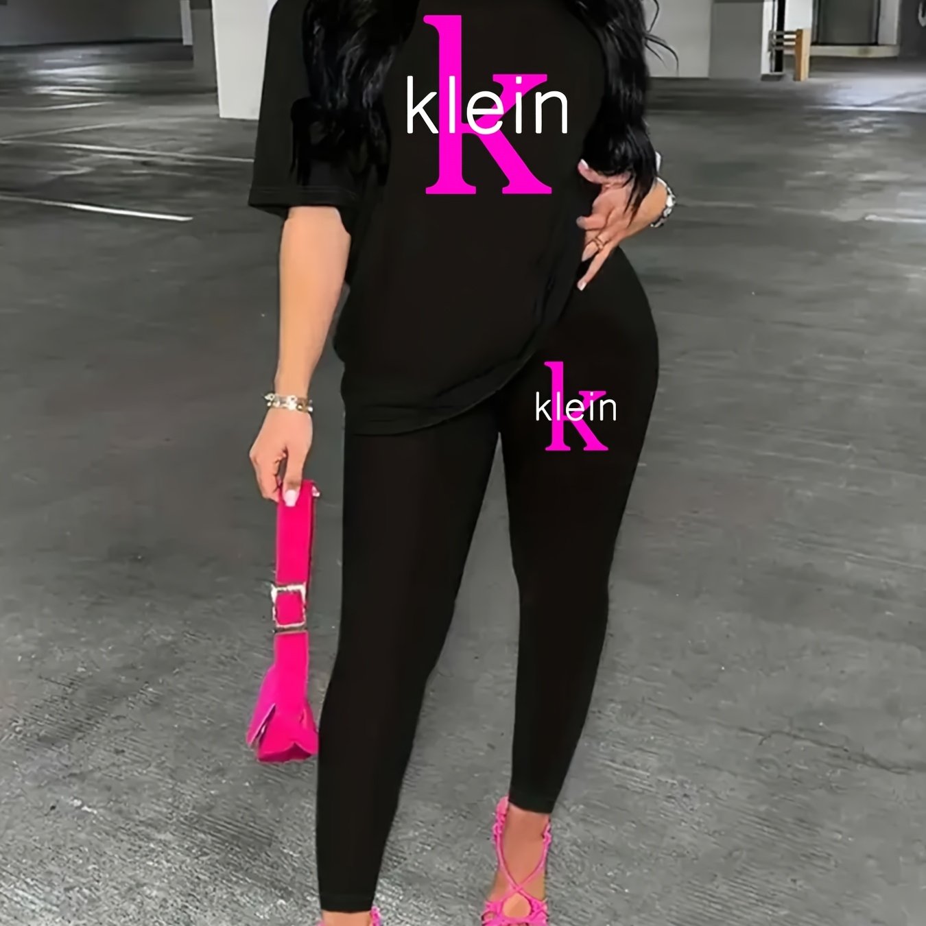 Women'S "Klein" Print Short Sleeve T-Shirt & Black Pants Two-Piece Set - Casual, Stretchy Fabric, Pink & Black Design, Spring/Summer Casual Wear, Casual Attire|Graphic Tee|Stretchy