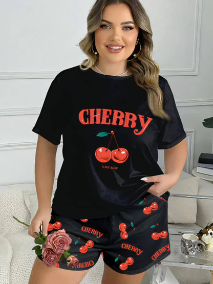 Women'S Plus Size Cherry Print Pajama Set - Soft Short Sleeve Top & Shorts, Loose Fit, Comfortable Fit for Spring/Summer, Plus Size Pajama