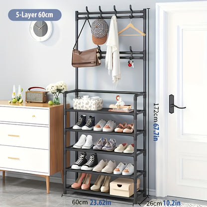 Clothes and Hat Rack, Freestanding Shoe Shelf with Sturdy Thick Metal Plastic Hooks – Space-Saving Modern Design for Shoes, Hats, and Clothes. Easy to Assemble for Living Room, Bedroom & Home Office, Hat Organizer, Home Org