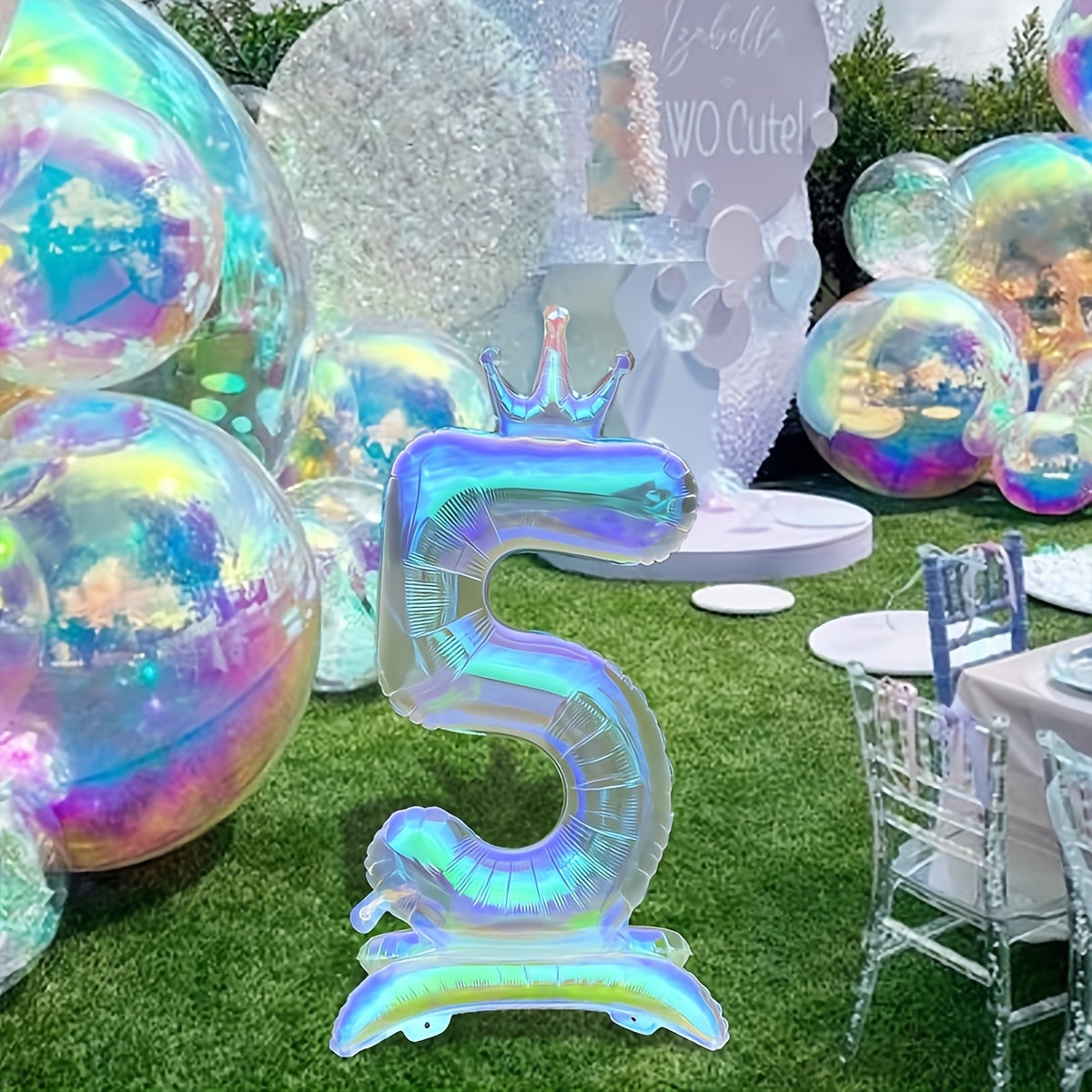 2pcs, 1pc 101.6cm transparent large digital balloon with crown and base + 1 straw, aluminum foil material, suitable for birthday party decoration, photo props, anniversary celebrations, Valentine's Day, New Year celebrations,