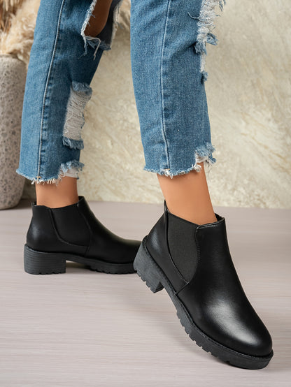 MagiMoBo Women'S Slip-On Chunky Mid-Heel Ankle Boots - Faux Cover Round Toe Platform Boots with Thick Rubber Sole, All-Season Casual Versatile Boots for Casual Attire, Comfortable Walking Boots, Durable Fabric Insole