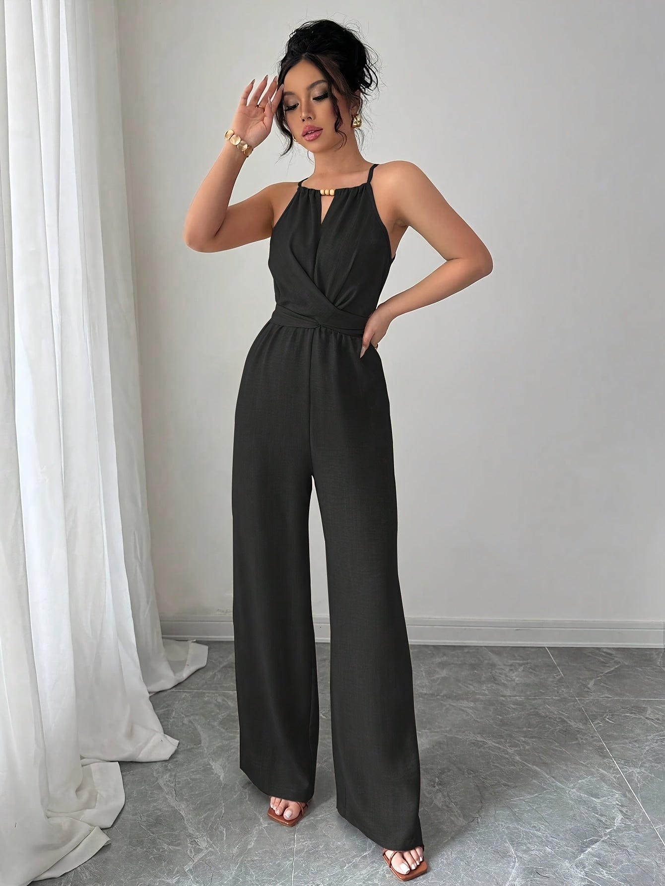 Women'S Elegant Off-Shoulder Twist Front Jumpsuit - Beige Wide-Leg Jumpsuit with Adjustable Waist Tie, Perfect for Spring & Summer Casual or Dressy Outfits, Casual Chic Wear | Offshoulder Fashion | Polyester Fabric