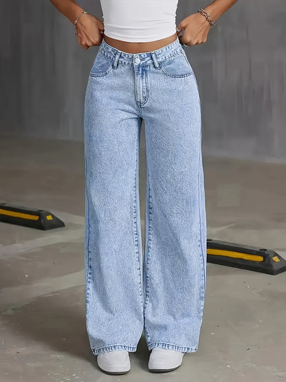 Women's 2025 new stretch loose wide leg straight jeans. acid wash light blue tummy control casual pants with pockets, high waisted comfort solid color pantalones, elegant ladies' clothing, denim trousers fit for travel, work