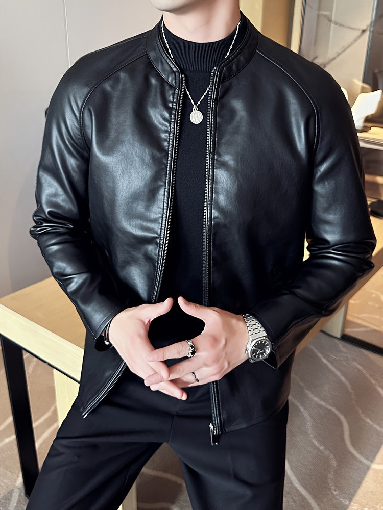 Men's Slim-Fit High Quality Windproof PU Leather Motorcycle Jacket - Vintage Bomber Style with Stand Collar, Ribbed Cuffs & Adjustable Drawstring, Softshell Casual Biker Outerwear, Casual Outerwear | Vintage Bomber Jacket | D