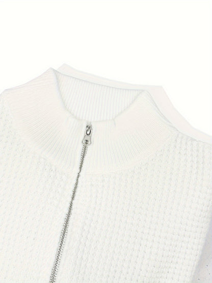Men'S Casual Knit Pullover Sweater, 100% Polyester, Solid Color, Regular Fit, with Zipper Detail, Lapel Collar, Slight Stretch Fabric