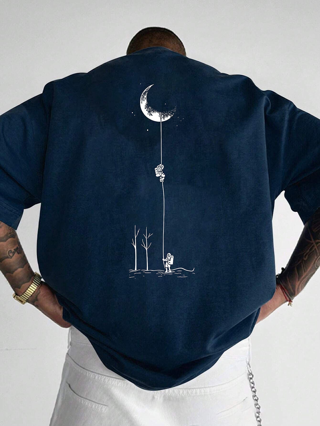 Men's Graphic Print Short Sleeve T-Shirt - Black Relaxed Fit Casual Round Neck, Durable Polyester Fabric, Machine Washable Summer Outdoor Top, Moon And Trees Design | Lightweight Clothing