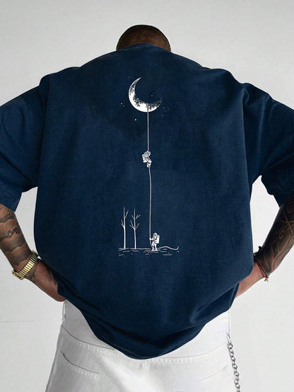 Men's Graphic Print Short Sleeve T-Shirt - Black Relaxed Fit Casual Round Neck, Durable Polyester Fabric, Machine Washable Summer Outdoor Top, Moon And Trees Design | Lightweight Clothing