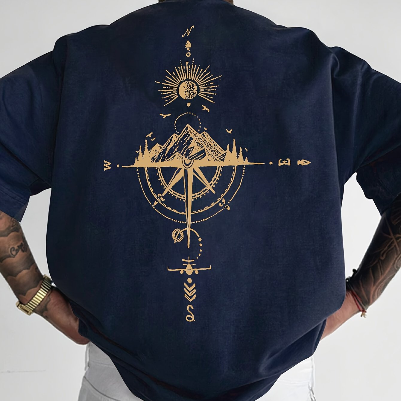 Men's Short Sleeve T-Shirt 100% Polyester Loose Fit Casual Round Neck Navy Blue with Golden Compass Rose Mountain Print - Summer Outdoor Adventure Graphic Tee, Modern Casual Top | Easy Care Clothing