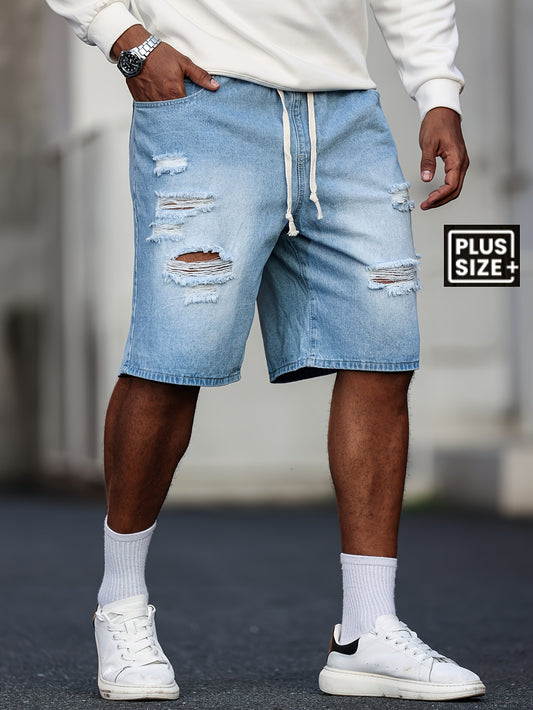 Men's Big & Tall Jeans Shorts - Non-Stretch Heavy-Duty Jeans Fabric, Drawstring Waistband, Loose Fit Casual Pants for Everyday & Formal Outfits - Machine Washable Denim Shorts, Relaxed Style, Distressed Look, Sturdy Construct