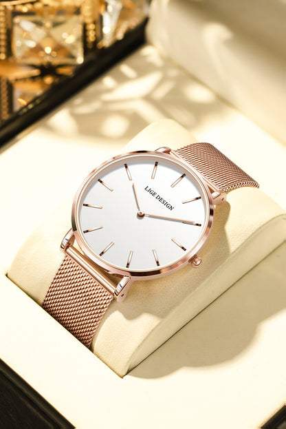 LIGE Women'S Ultra-Thin Quartz Watch with Rose Golden Mesh Strap - Elegant Blue Dial, Minimalist Design, Perfect Gift for Mother'S Day, Christmas, Thanksgiving, Christmas Accessory | Minimalist Watch | Quartz Movement