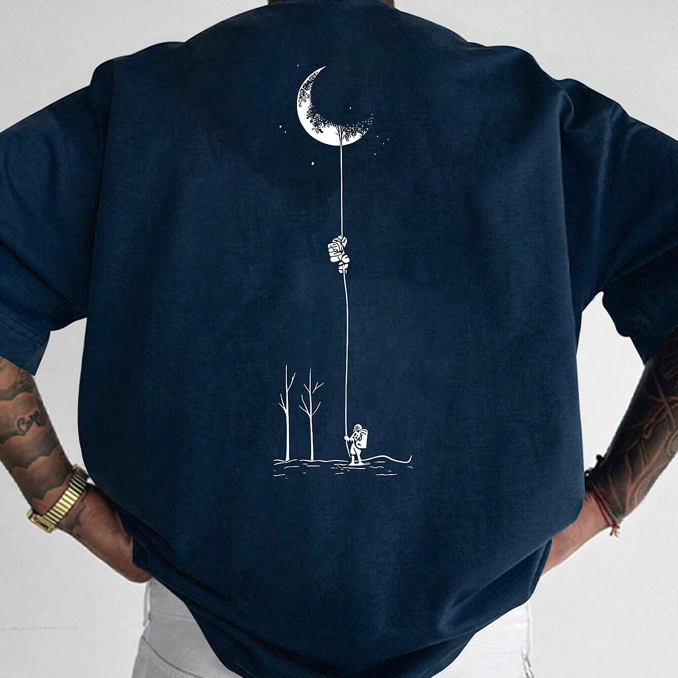 Men's Graphic Print Short Sleeve T-Shirt - Black Relaxed Fit Casual Round Neck, Durable Polyester Fabric, Machine Washable Summer Outdoor Top, Moon And Trees Design | Lightweight Clothing