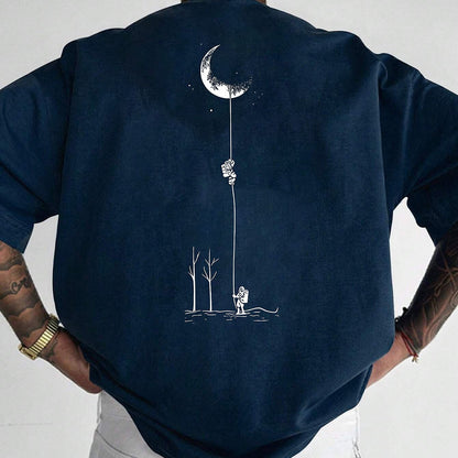 Men's Graphic Print Short Sleeve T-Shirt - Black Relaxed Fit Casual Round Neck, Durable Polyester Fabric, Machine Washable Summer Outdoor Top, Moon And Trees Design | Lightweight Clothing