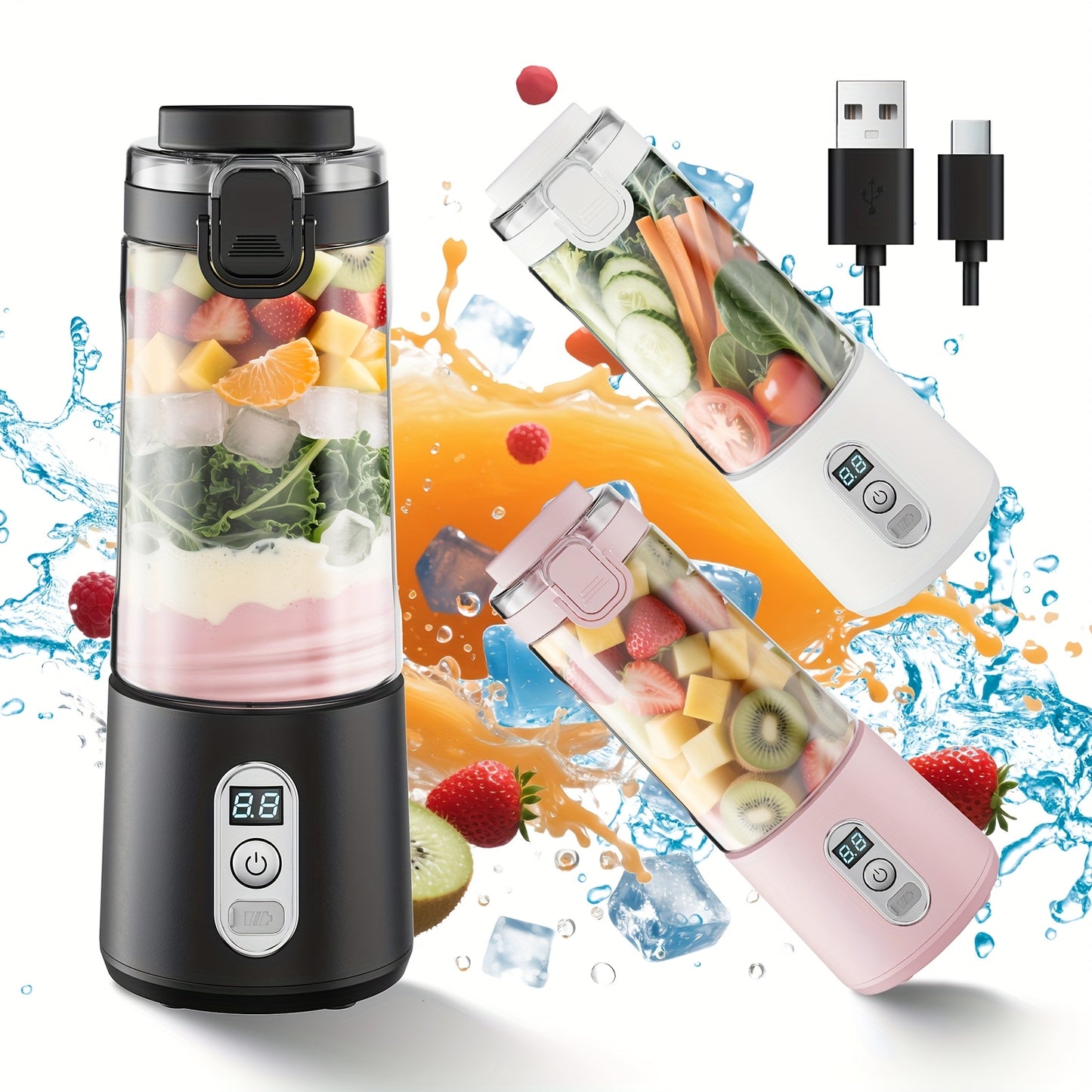 USB Rechargeable Portable Blender with Digital Timer Display, 10-Cup Capacity, Detachable & Easy-Clean Design for Smoothies, Juices, Protein Shakes - Ideal for Gym, Travel, Home Use, Smoothie Blender Portable, Juice Preparati