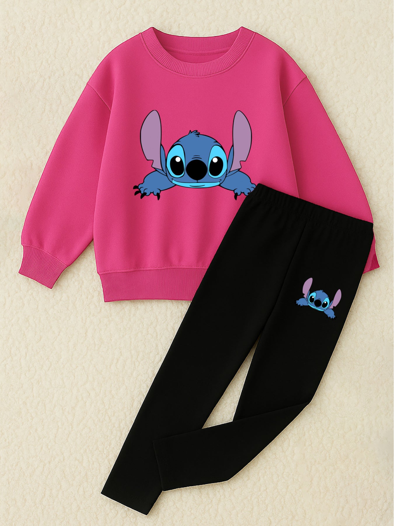2pcs Disney Girls' Lilo & Stitch Print Sweatshirt and Leggings Set - Soft Stretchy Crewneck Outfit with Cartoon Character Design, All-Season Machine Washable Casual Wear for Ages 5-12, Everyday 's Clothing, Playtime Clothes,