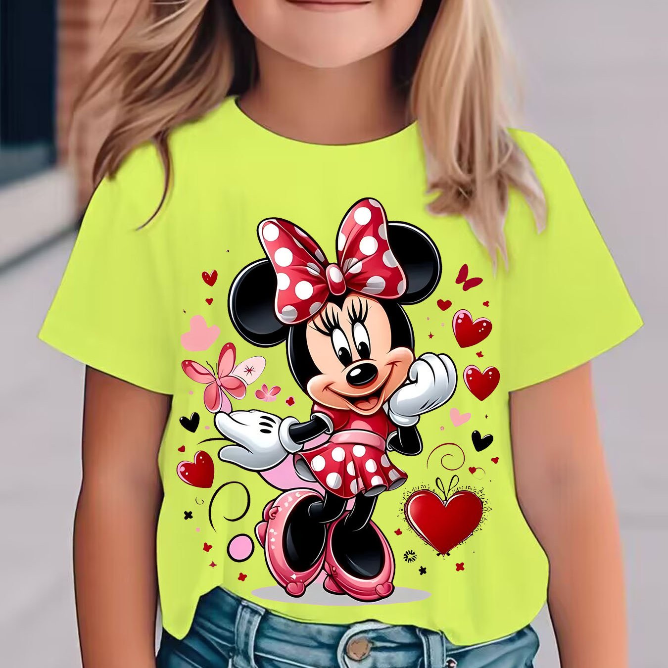 New Arrival - Cute Girl in Glasses Graphic Tee for Kids, Vibrant Yellow Cartoon T-Shirt with Minnie Mouse Design, Short Sleeve, Round Neck, Casual & Comfortable for Summer, Fall, Spring, Everyday Holiday Top|Playful Design|Co