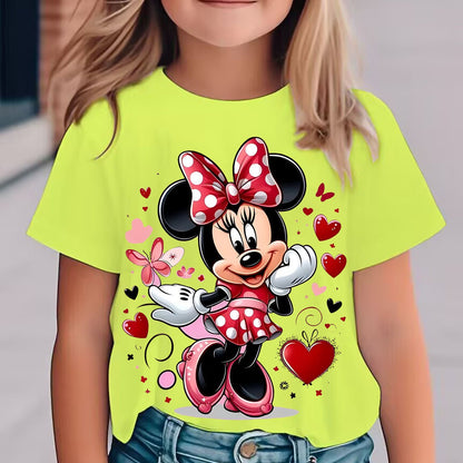 New Arrival - Cute Girl in Glasses Graphic Tee for Kids, Vibrant Yellow Cartoon T-Shirt with Minnie Mouse Design, Short Sleeve, Round Neck, Casual & Comfortable for Summer, Fall, Spring, Everyday Holiday Top|Playful Design|Co