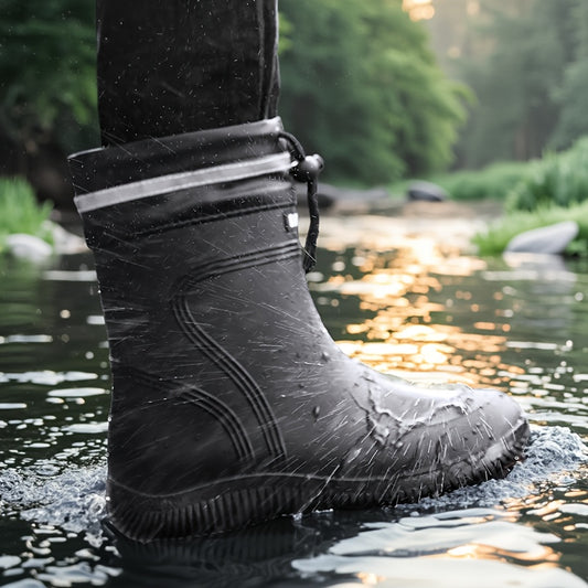 Men'S & Women'S Stylish Black Rain Boots with White Stripes - Waterproof, Slip-On, Round Toe Rain Boots for Outdoor Activities, Camping, and Beach Walking, Outdoor Footwear|Minimalist Design|PVC Upper Boots
