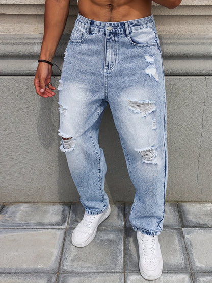 Men's Distressed Blue Denim Harem Pants - Loose Fit, Ripped Jeans with Raw Hem & Slant Pockets, Casual All-Season Wear (Belt/Accessories Not Included)