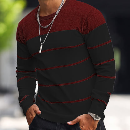 Men's Casual Striped Knit Pullover Sweater - Navy & White Contrast, Regular Fit H-Silhouette, Long Sleeve Crew Neck, Medium Stretch, Machine Washable for Spring & Fall, Mediumstretch Fabric