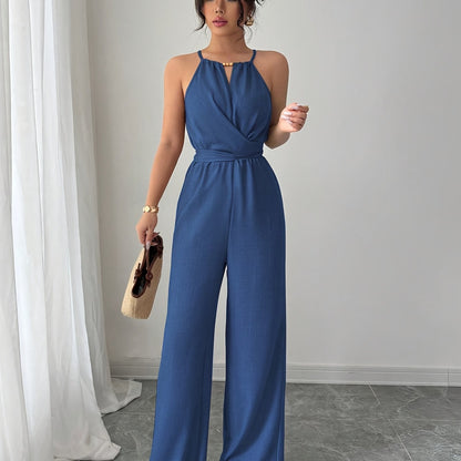 Women'S Elegant Off-Shoulder Twist Front Jumpsuit - Beige Wide-Leg Jumpsuit with Adjustable Waist Tie, Perfect for Spring & Summer Casual or Dressy Outfits, Casual Chic Wear | Offshoulder Fashion | Polyester Fabric
