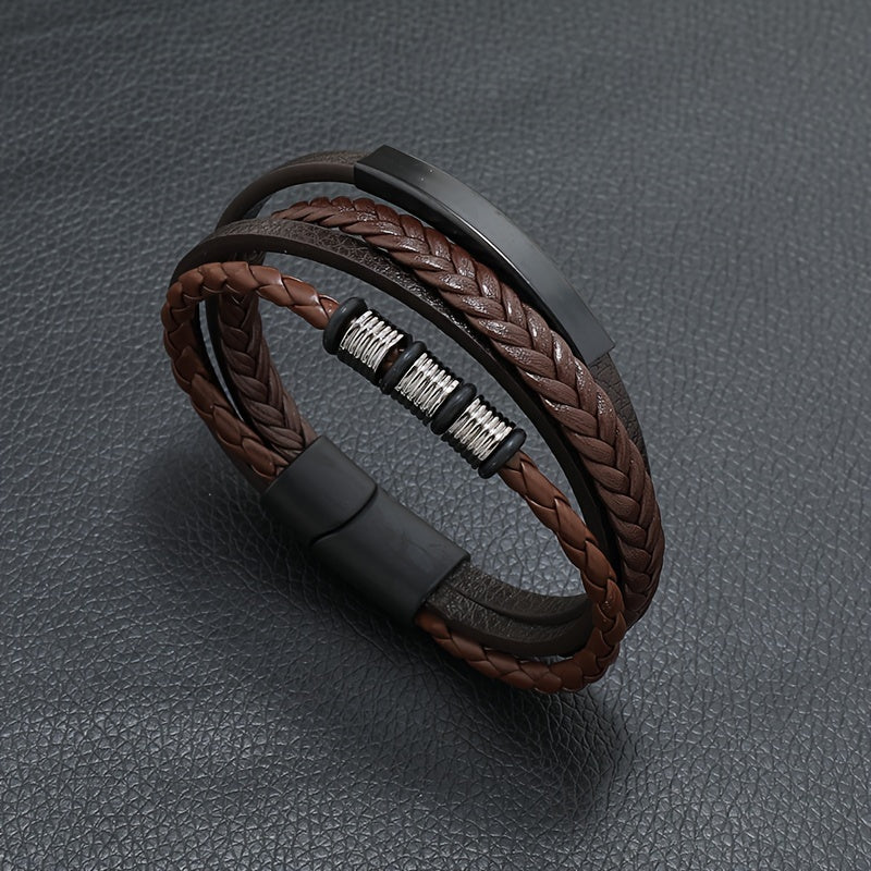 New Hot Selling Men's Vintage Hand-woven Multi-layer Beaded Alloy Magnetic Buckle PU Men's Bracelet