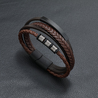 New Hot Selling Men's Vintage Hand-woven Multi-layer Beaded Alloy Magnetic Buckle PU Men's Bracelet