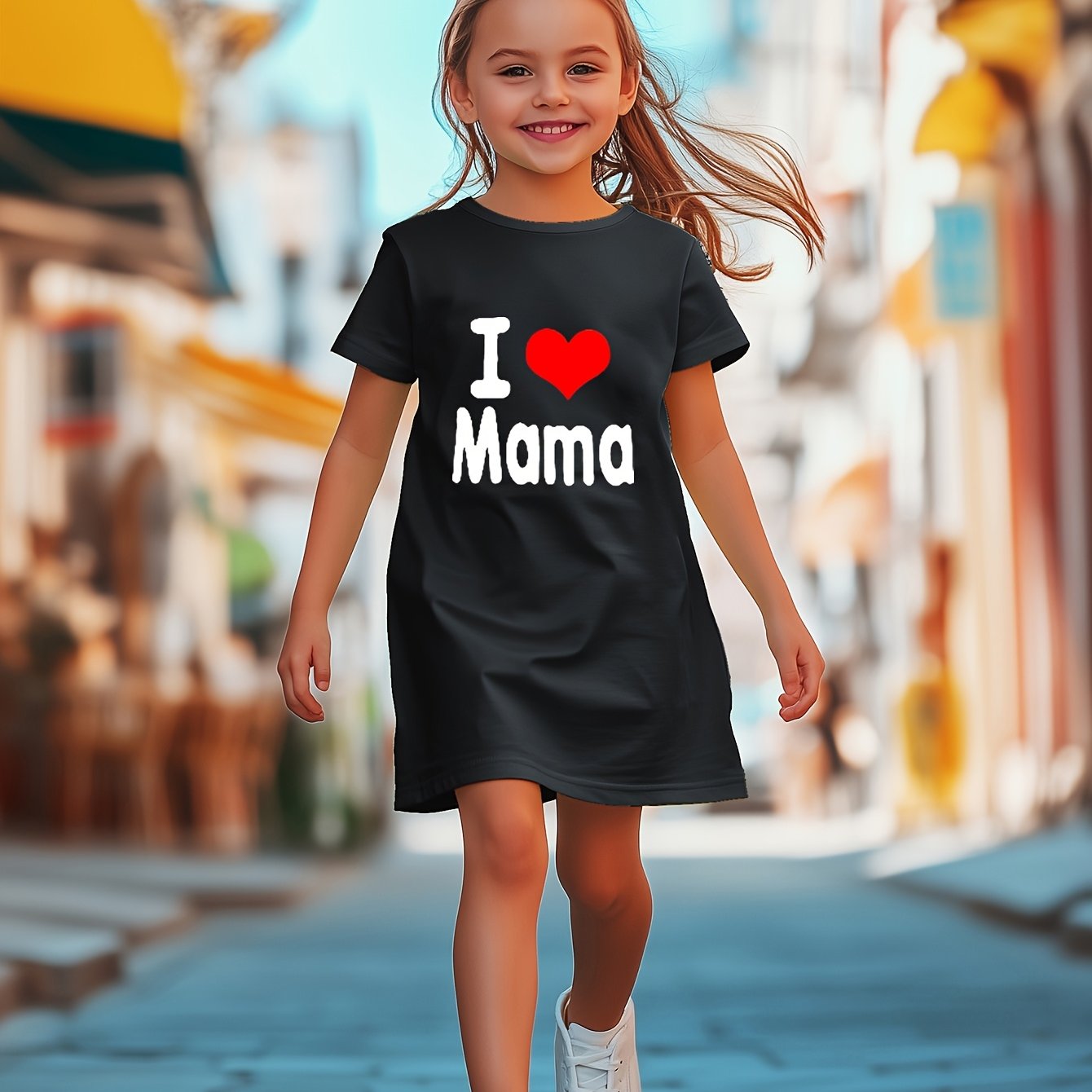 Mother'S Day Gift | "I Love Mama" Red Heart Print Short Sleeve Dress - Casual, Breathable, and Comfortable Polyester Knit, Perfect for Spring/Summer, Mother'S Day Dress | Love Heart Pattern | Comfortable Fit, Mothers Day Dres