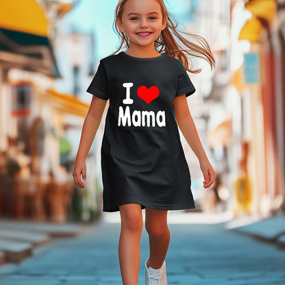 Mother'S Day Gift | "I Love Mama" Red Heart Print Short Sleeve Dress - Casual, Breathable, and Comfortable Polyester Knit, Perfect for Spring/Summer, Mother'S Day Dress | Love Heart Pattern | Comfortable Fit, Mothers Day Dres