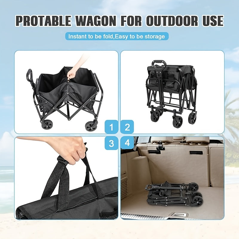 One piece Foldable camper with wheels, garden cart, multi-purpose heavy-duty four-wheeler for sports, gardening, camping and shopping, heavy duty, large capacity, black