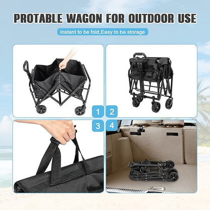 One piece Foldable camper with wheels, garden cart, multi-purpose heavy-duty four-wheeler for sports, gardening, camping and shopping, heavy duty, large capacity, black