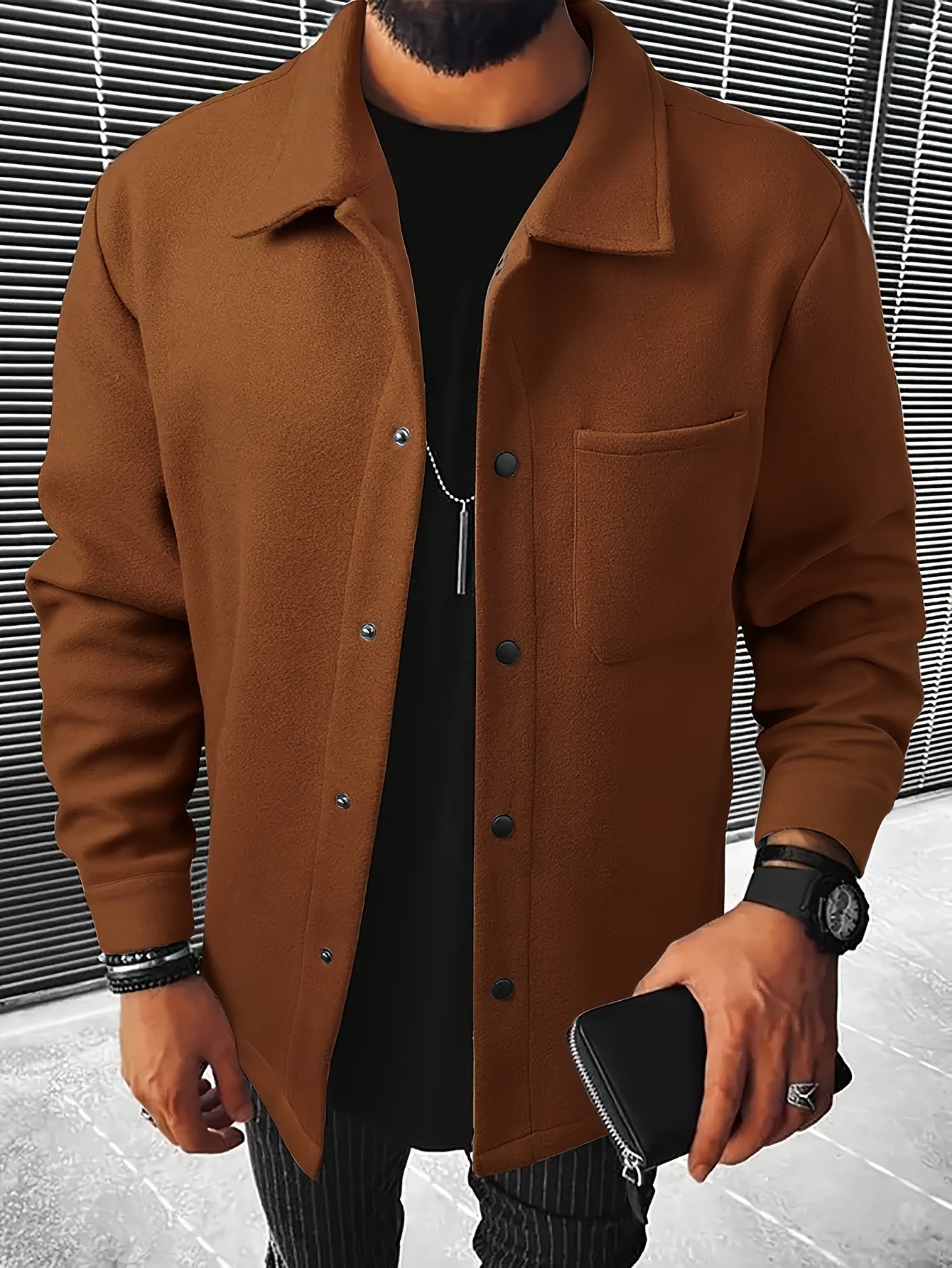 Men's Casual Button-Up Jacket with Front Pocket and Turn-Down Collar, Solid Color, PLUS SIZE