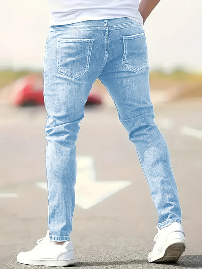 Men'S Light Blue Distressed Skinny Jeans - Stretch Denim, Slim Fit, Casual Style with Ripped Details, All-Season Comfort, Casual Attire Jeans|Distressed Denim|Stretch Denim Fabric