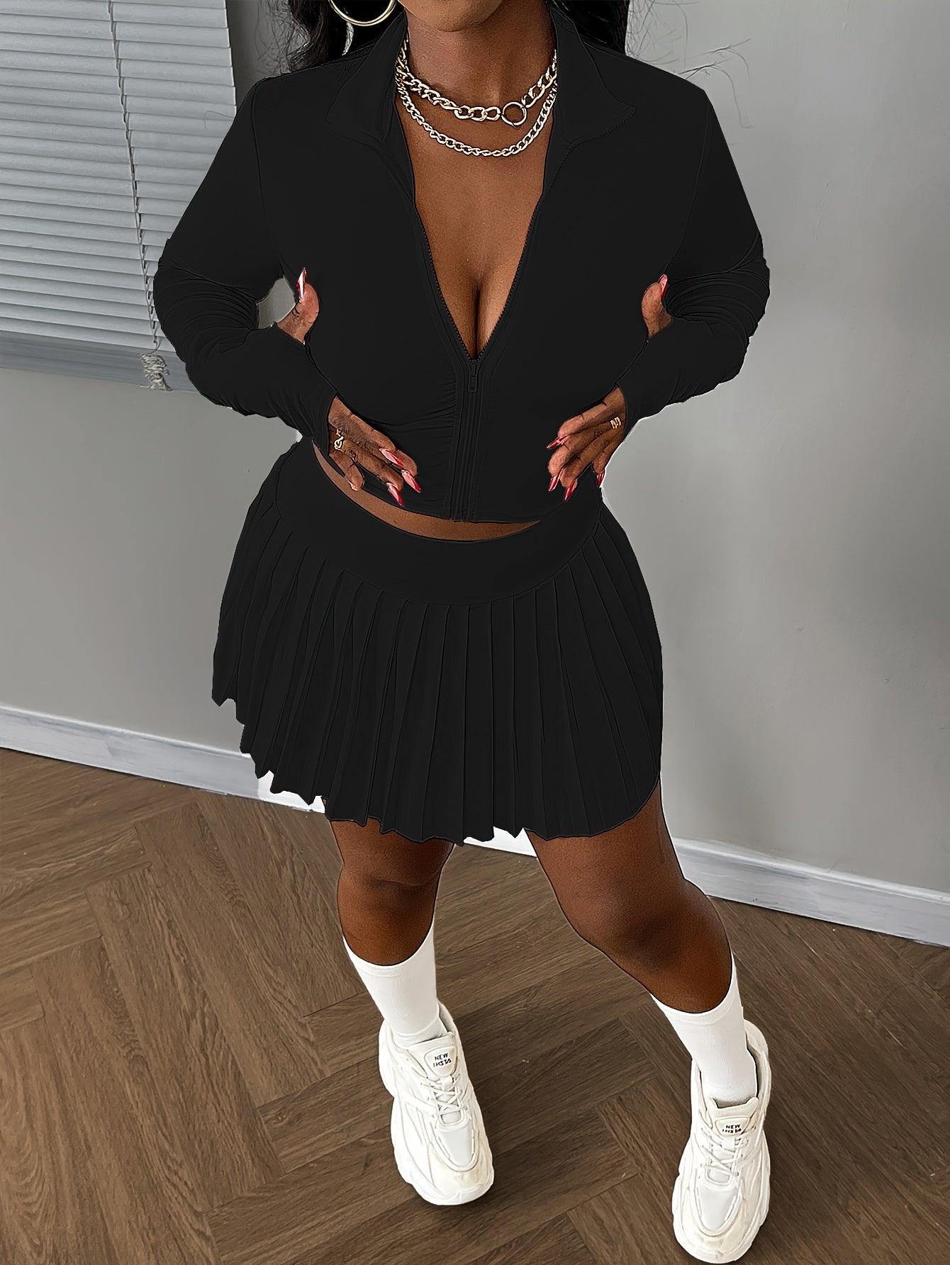 DP012562 Women's Slimming Jacket + Pleated Skirt Set