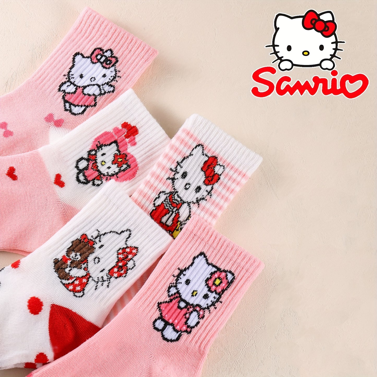 10 Pairs Hello Kitty Girls Socks, Cute Cartoon Sanrio Ankle Crew Socks, Breathable Soft Knit, Pink Red Heart Pattern, Spring Fall Winter Toddler Socks
