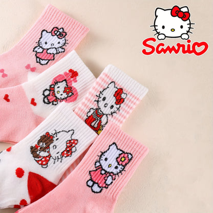 10 Pairs Hello Kitty Girls Socks, Cute Cartoon Sanrio Ankle Crew Socks, Breathable Soft Knit, Pink Red Heart Pattern, Spring Fall Winter Toddler Socks