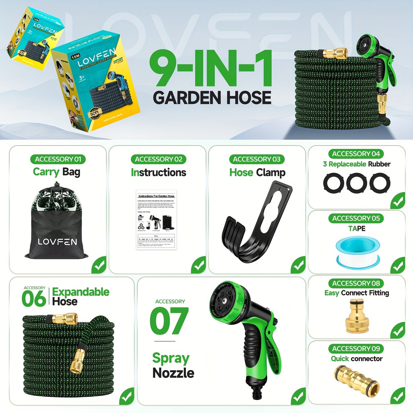 LOVFEN Expandable Garden Hose Kit Latex Flexible Water Hoses Spray Nozzle