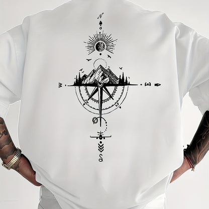 Men's Short Sleeve T-Shirt 100% Polyester Loose Fit Casual Round Neck Navy Blue with Golden Compass Rose Mountain Print - Summer Outdoor Adventure Graphic Tee, Modern Casual Top | Easy Care Clothing