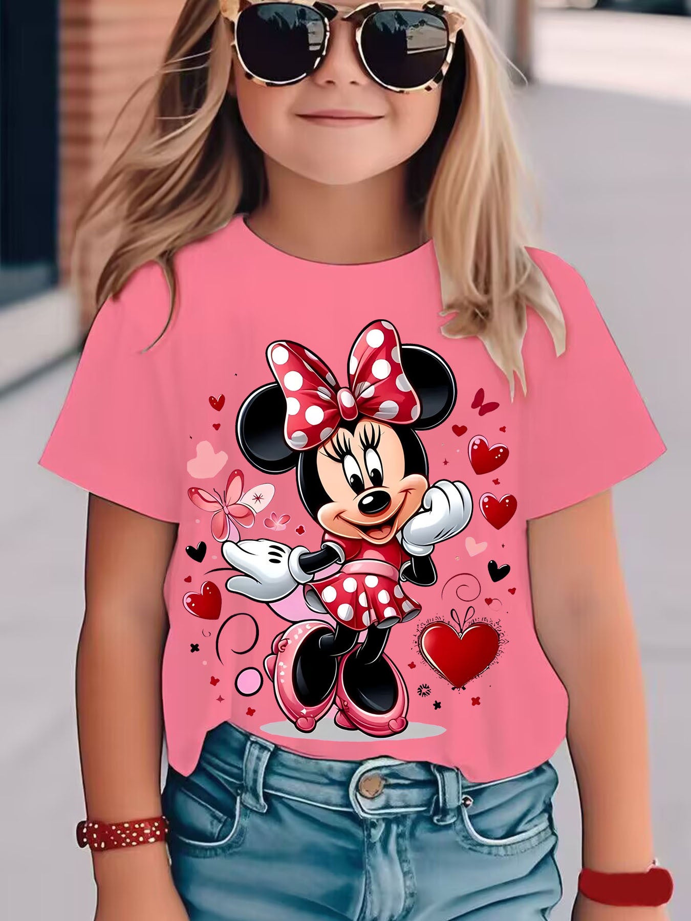 New Arrival - Cute Girl in Glasses Graphic Tee for Kids, Vibrant Yellow Cartoon T-Shirt with Minnie Mouse Design, Short Sleeve, Round Neck, Casual & Comfortable for Summer, Fall, Spring, Everyday Holiday Top|Playful Design|Co