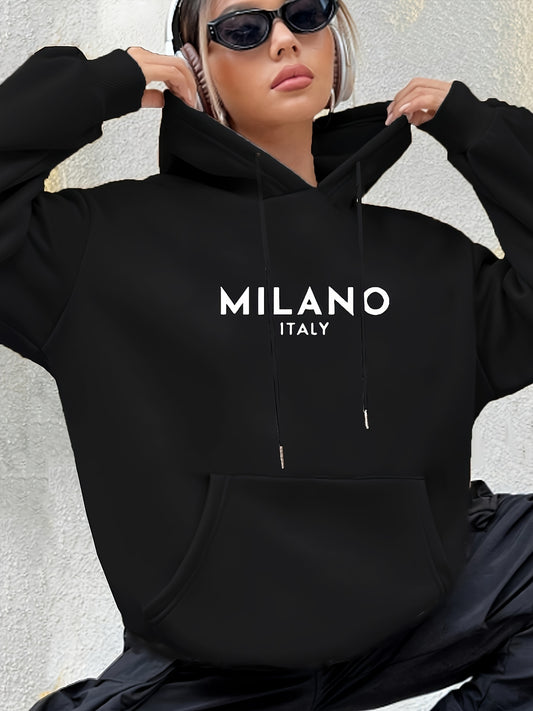 Milano Italy Polyester Hoodie for Women - 100% Knit Fabric, Alphabet Print, Casual Long Sleeve Sweatshirt with Pocket, Fashionable European Trip Inspired Hooded Sweatshirt, Spring/Summer/Fall Collection