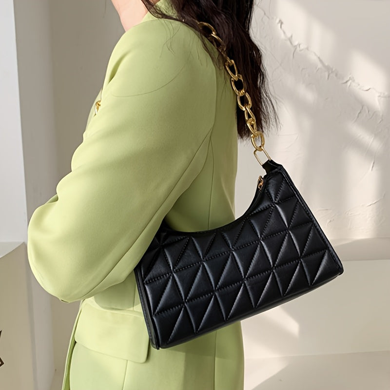 Women's Lightweight Shoulder Bag - Glossy Black Handbag with Golden Chain Strap, Zip Closure, Elegant Everyday & Formal Purse for Women, Parties, Travel, Office - Luxury Chain Strap & Zipper Closure, Party Accessory, Modern S